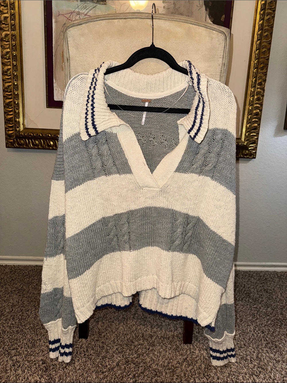 Free People Striped V-Neck Sweater in Cream, Gray and Navy Trim Oversized Medium